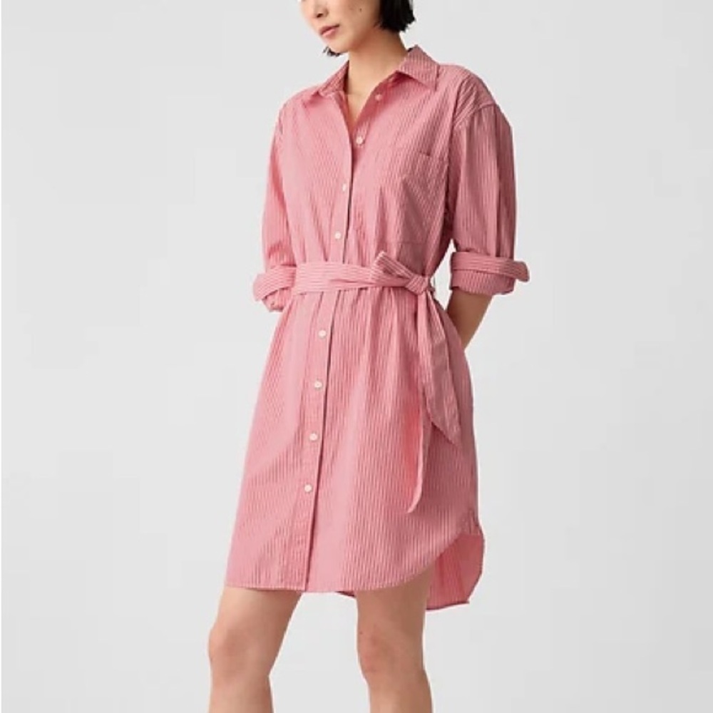 Gap Women's Medium Organic Cotton Stripe Mini Shirt Dress Belted Pink Red Collar